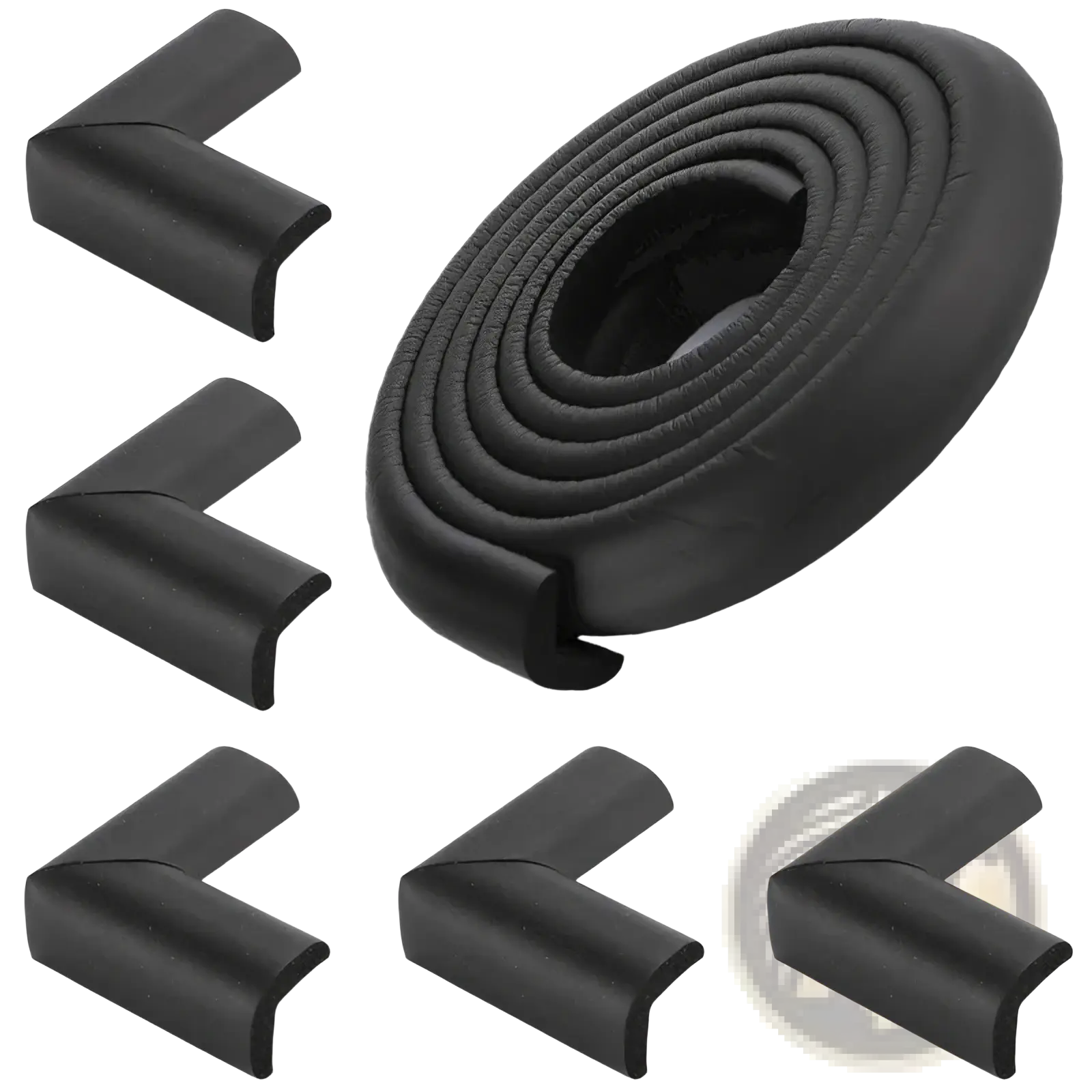 Black foam baby safety table corner protector strips coiled and in individual l shaped pieces for child protection