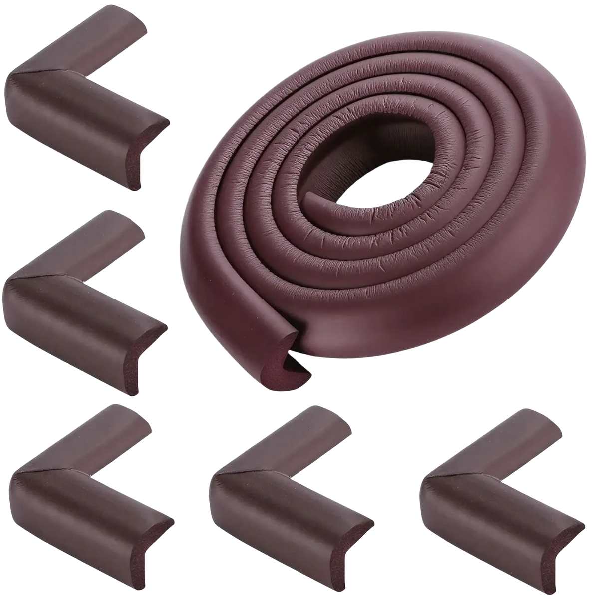 Brown foam baby safety table corner protector strip with coiled roll and five l-shaped pieces for childproofing