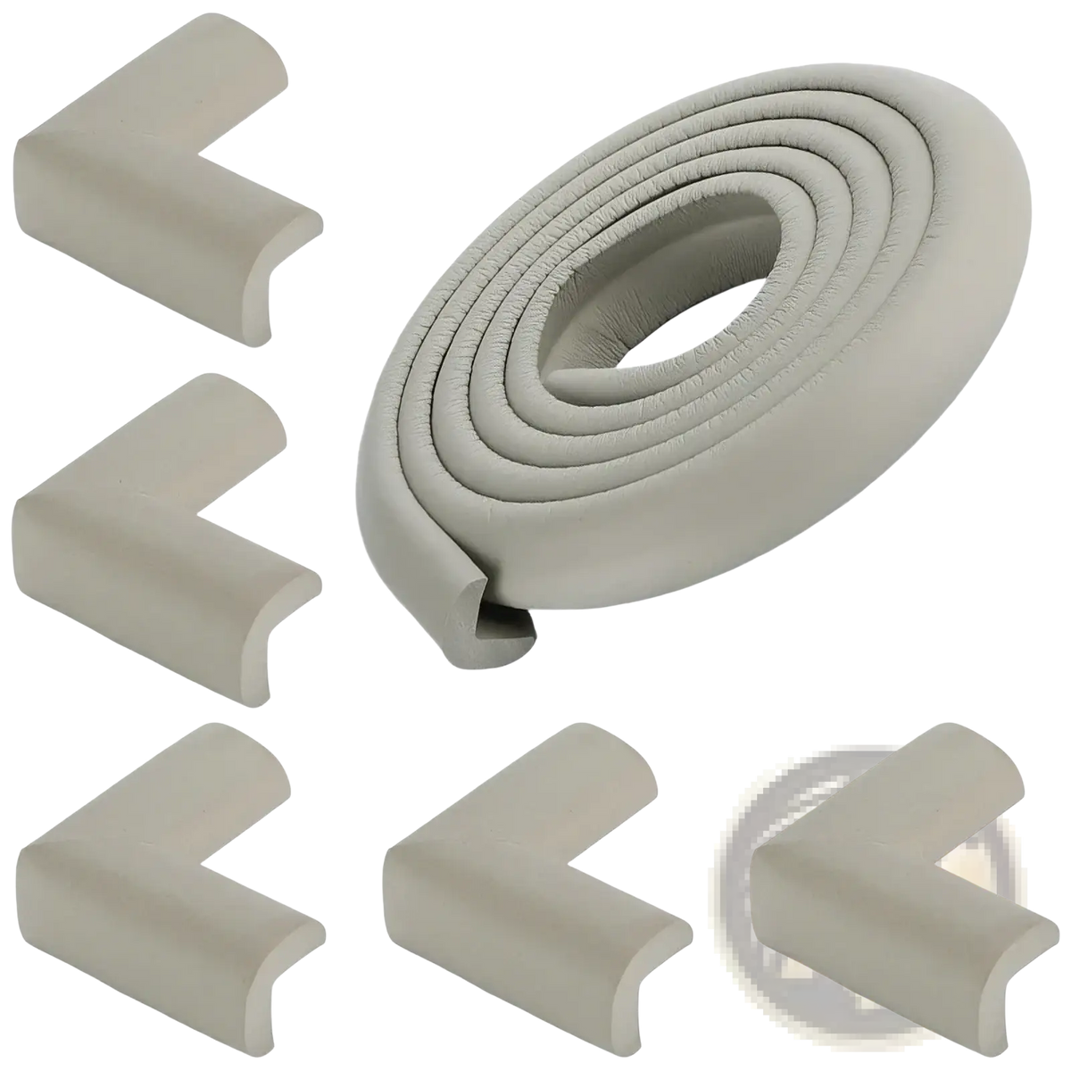 Beige foam baby safety table corner protectors and coiled safety bumper strip designed for childproofing furniture edges