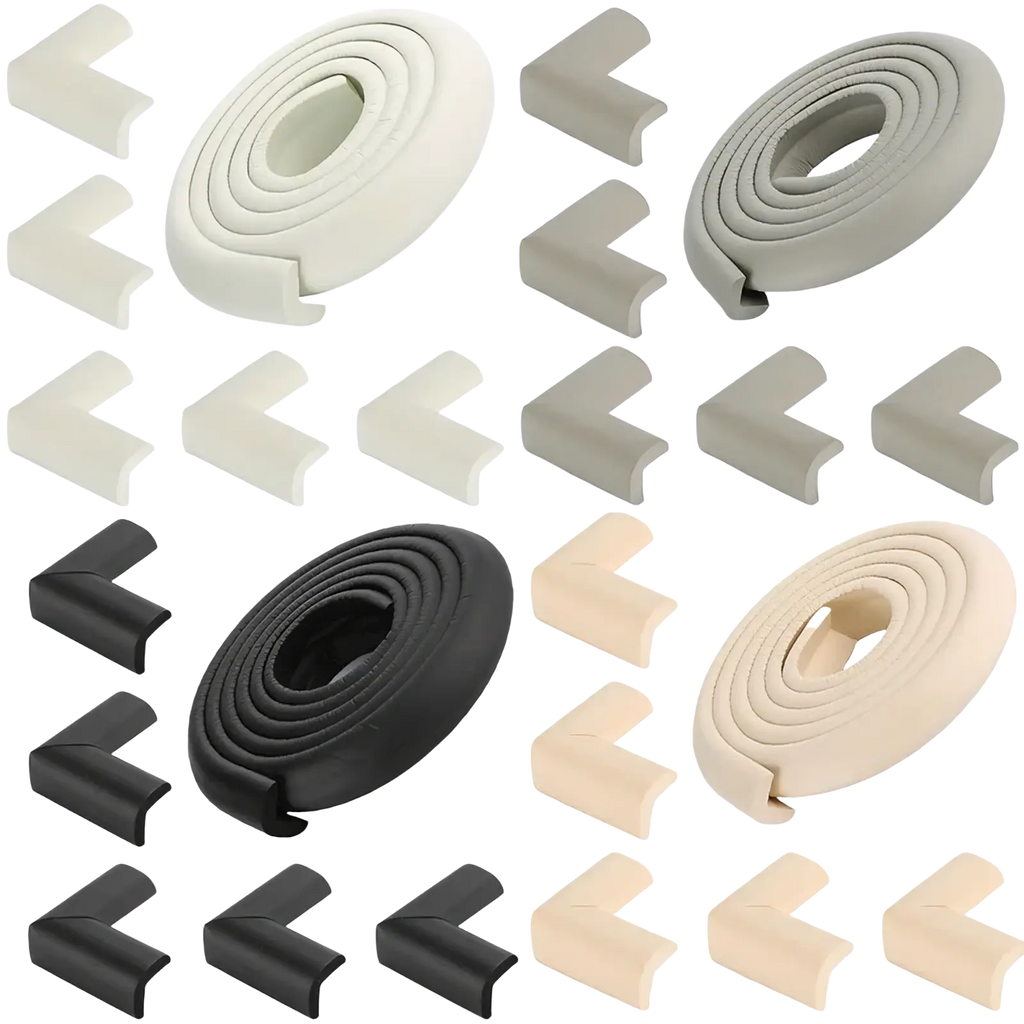 Set of baby safety table corner protector strips in soft foam white gray black and beige for child-safe furniture edges
