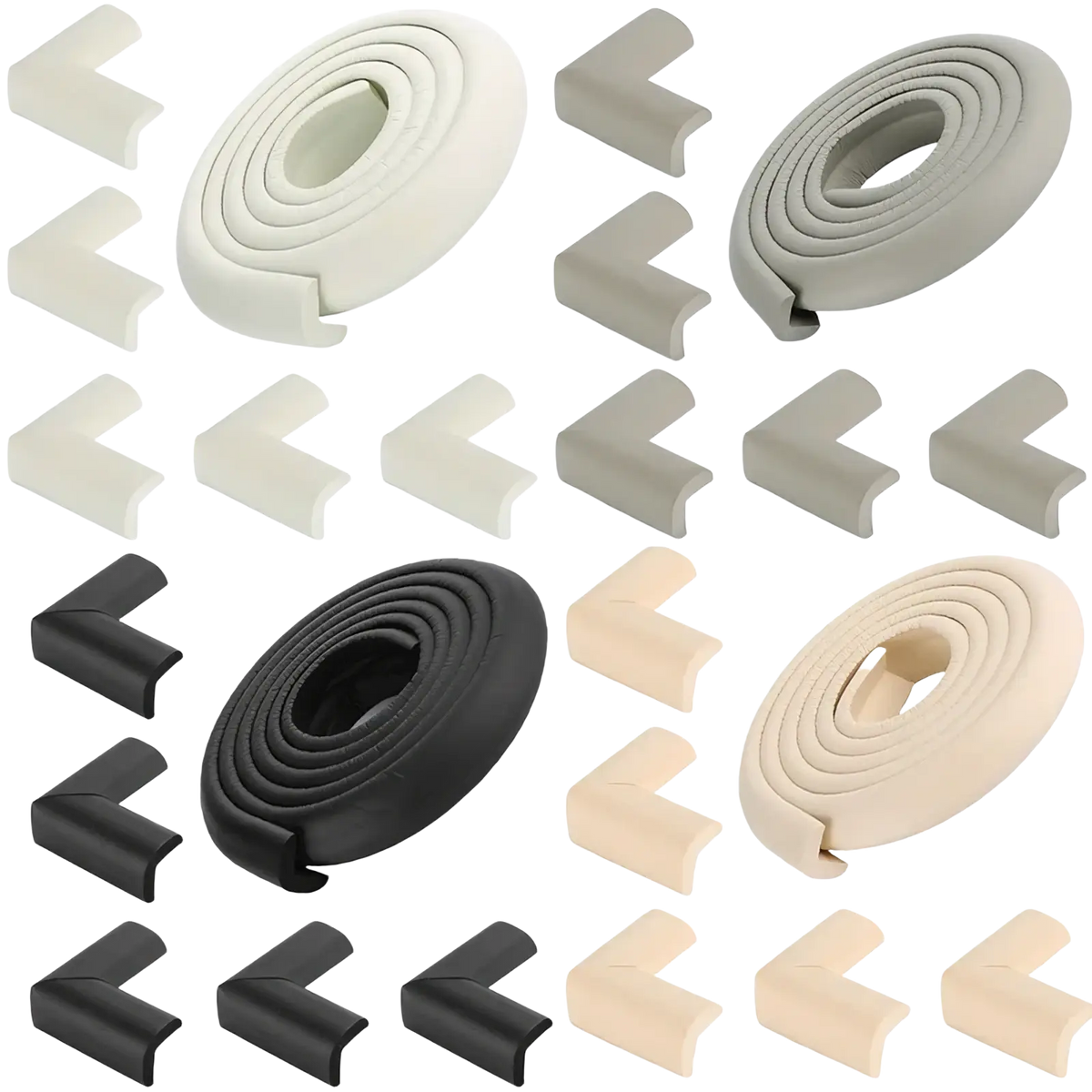 Set of baby safety table corner protector strips in soft foam white gray black and beige for child-safe furniture edges