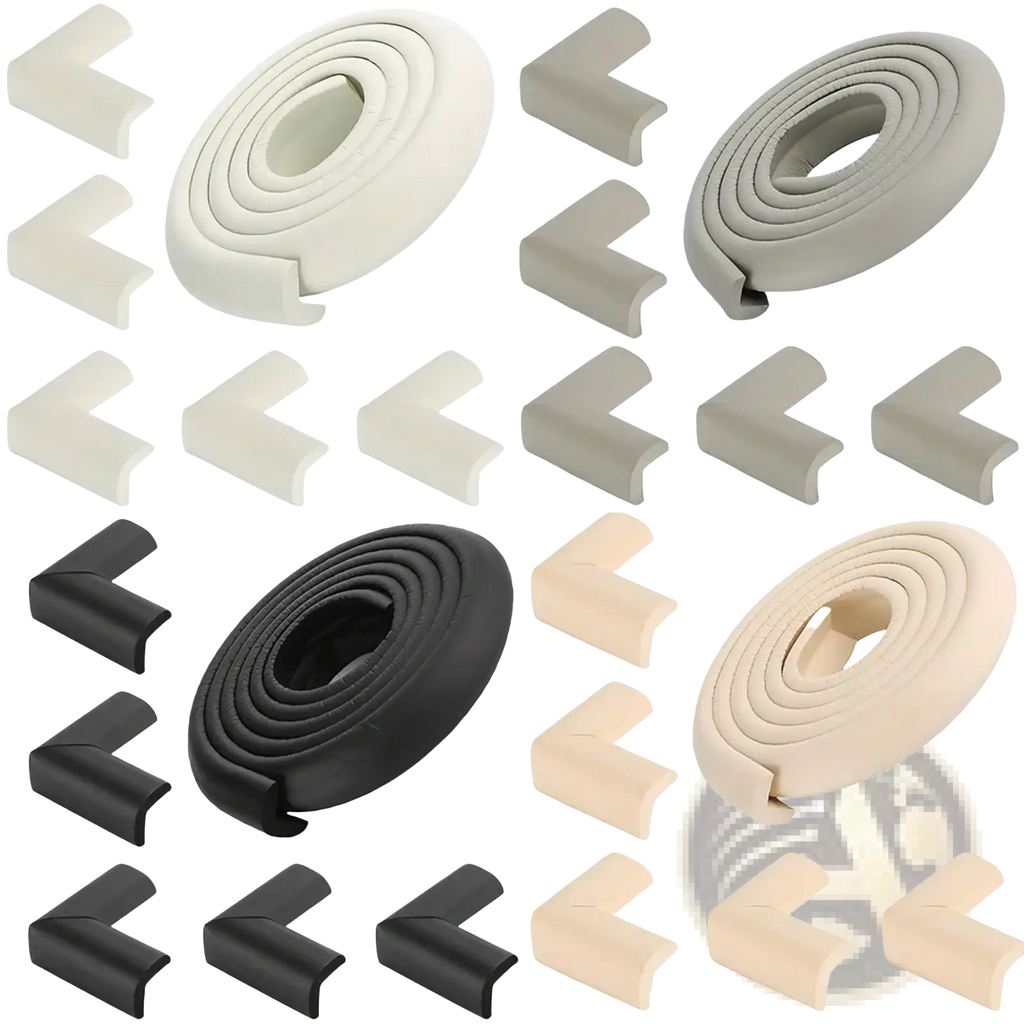 Set of baby safety table corner protector strips in soft foam white gray black and beige for child-safe furniture edges
