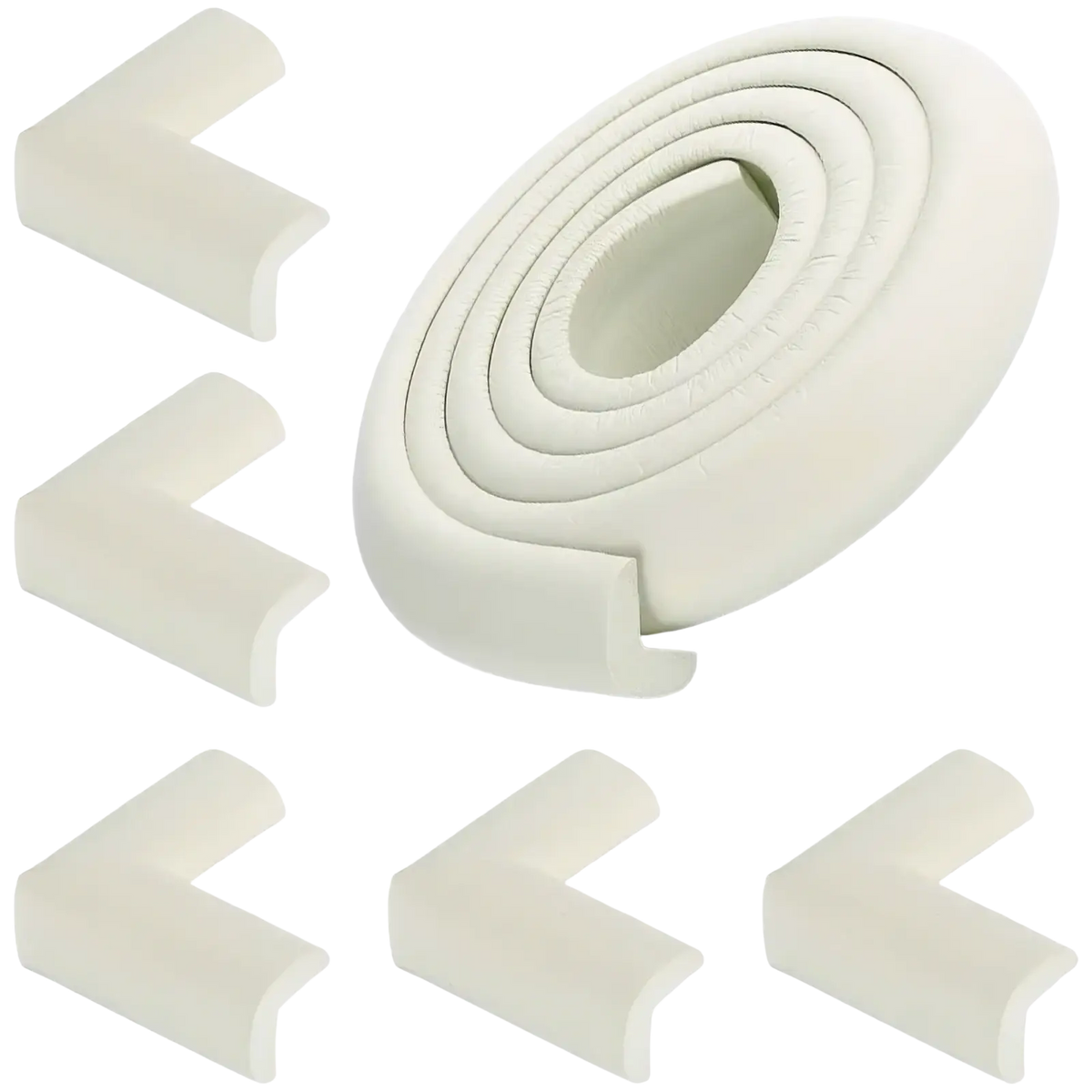 Off-white foam baby safety table corner protector strip with soft rounded edges and coiled design for child safety