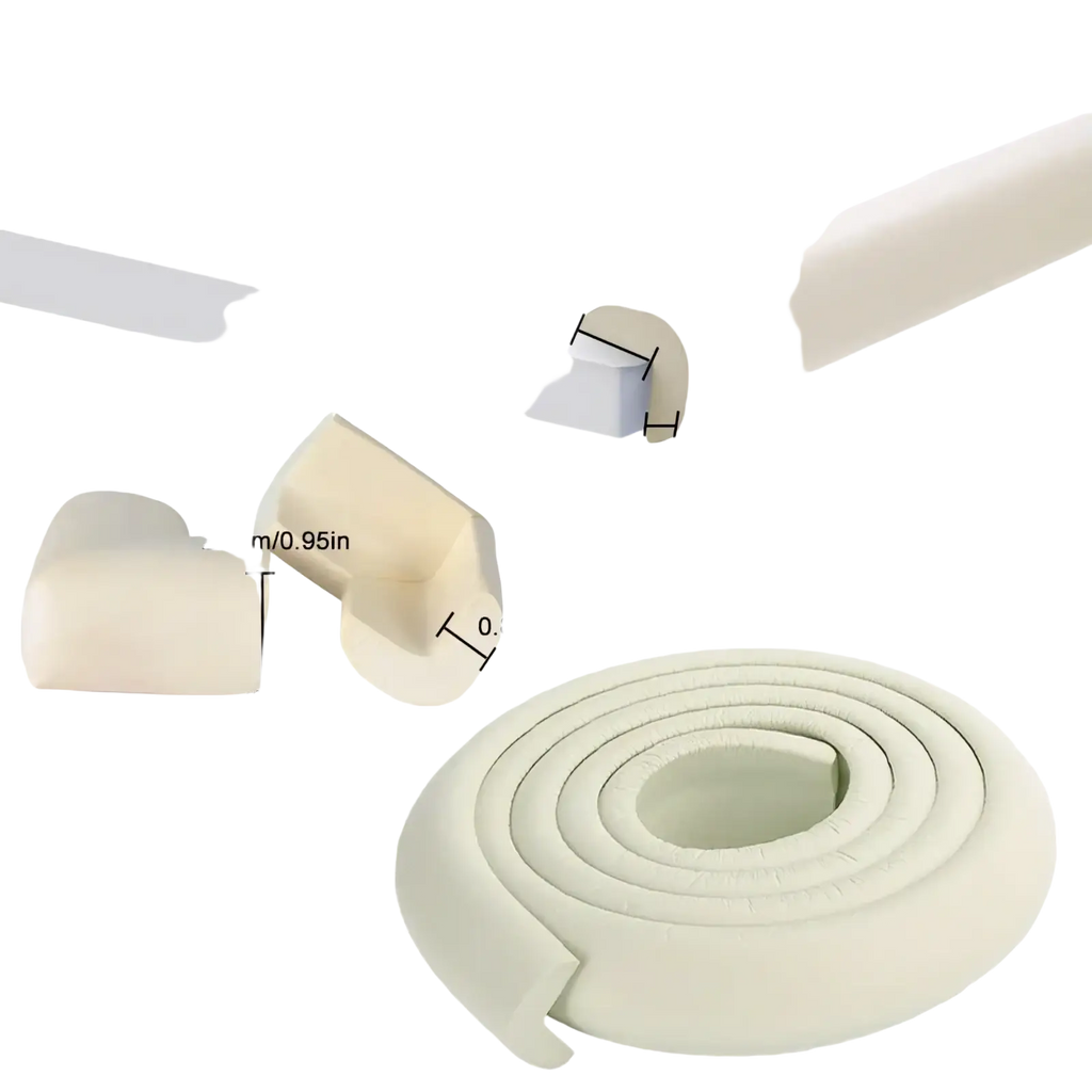 Baby safety table corner protector strip in off-white foam with rounded corners and soft flexible texture