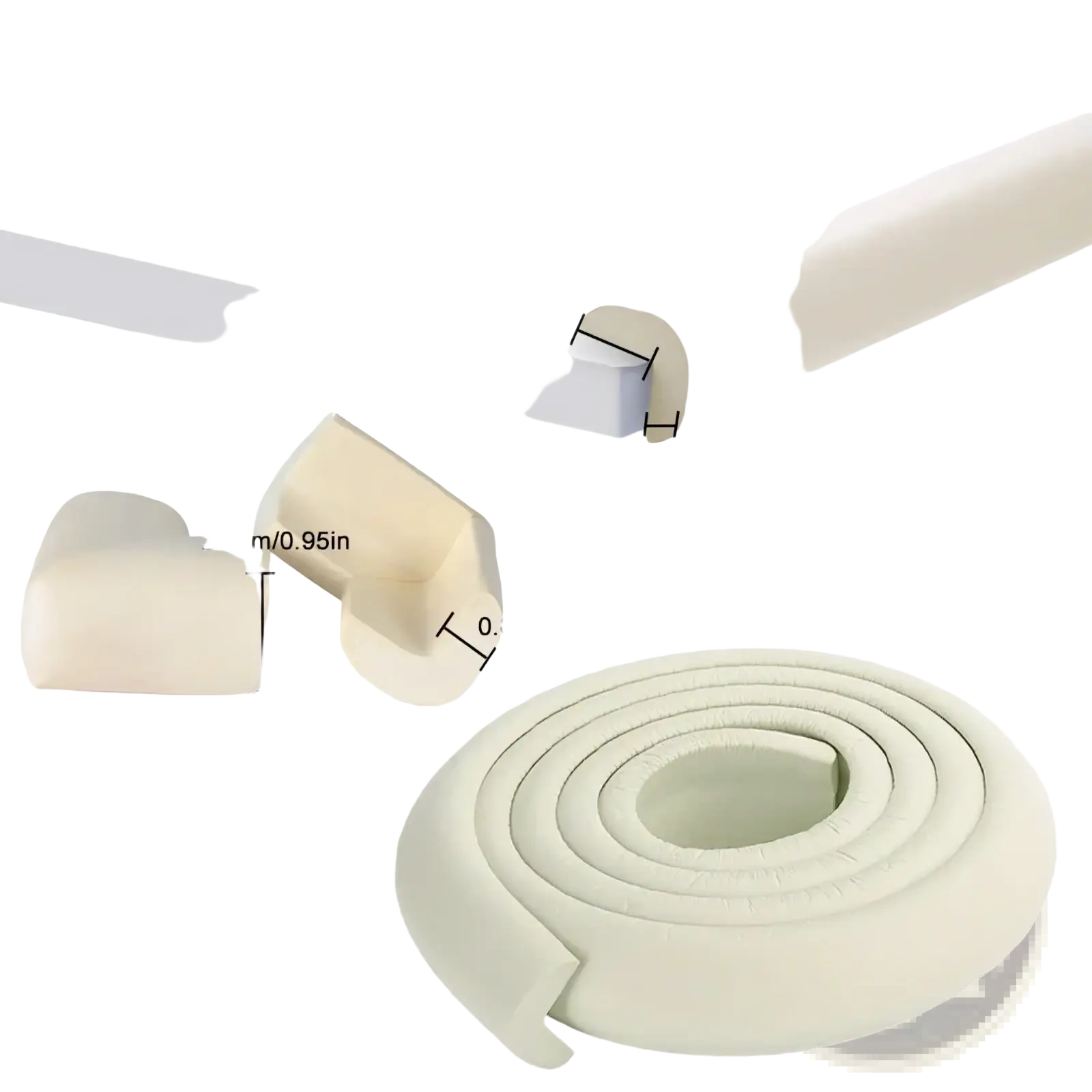 Baby safety table corner protector strip in off-white foam with rounded corners and soft flexible texture