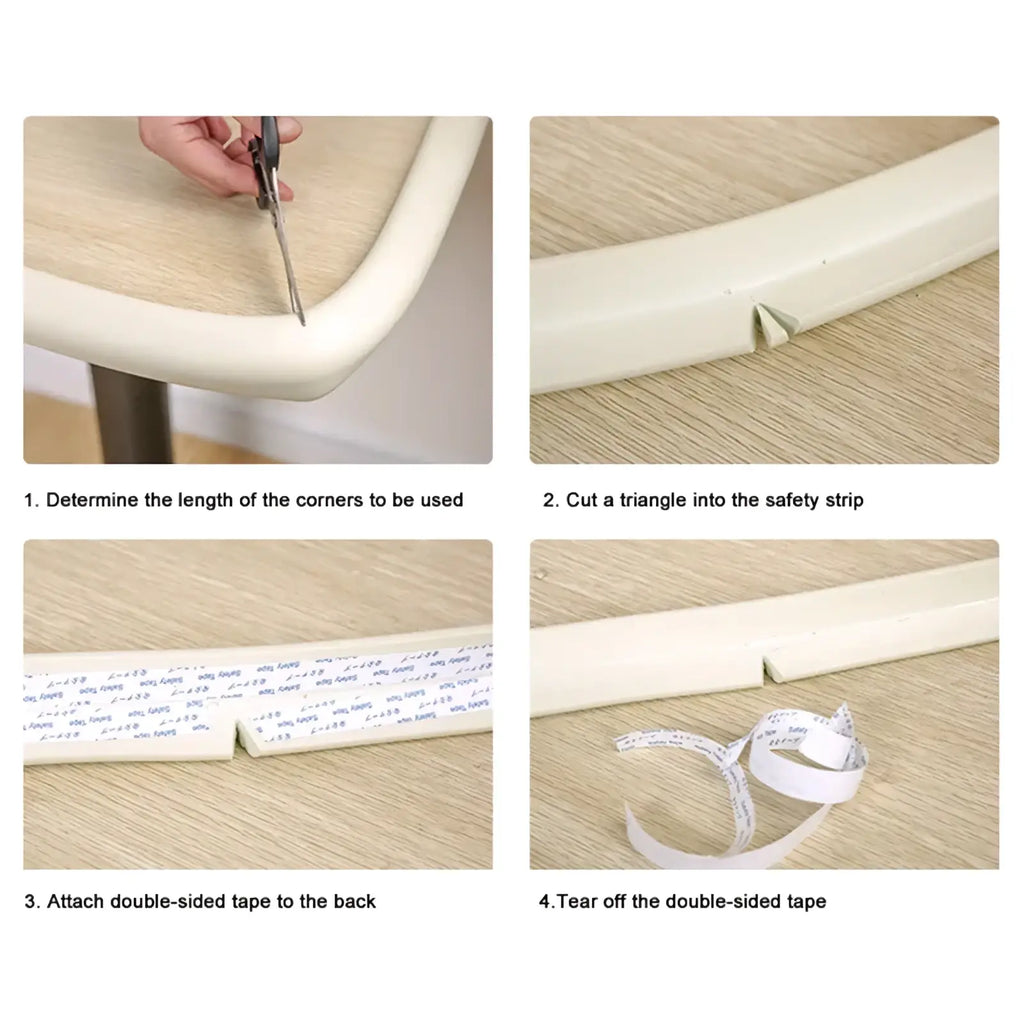 Off-white plastic baby safety table corner protector strip with adhesive backing for childproofing furniture edges