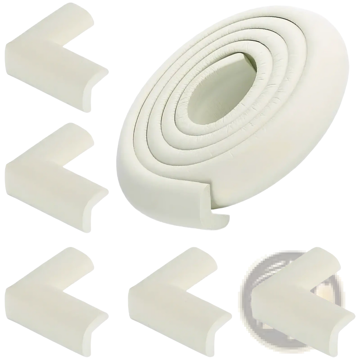 Off-white foam baby safety table corner protector strip with soft rounded edges and coiled design for child safety