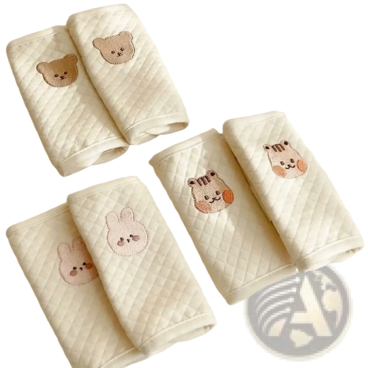 Cream-colored quilted baby mittens with embroidered bear tiger and rabbit faces in soft pastel tones