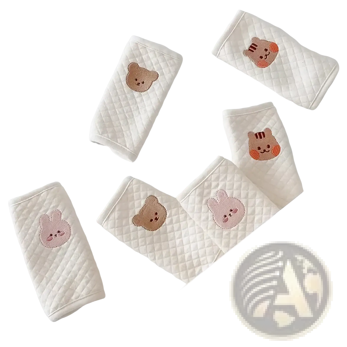 Cream-colored quilted fabric baby seat belt cover with embroidered animal faces in soft pastel tones shoulder pad