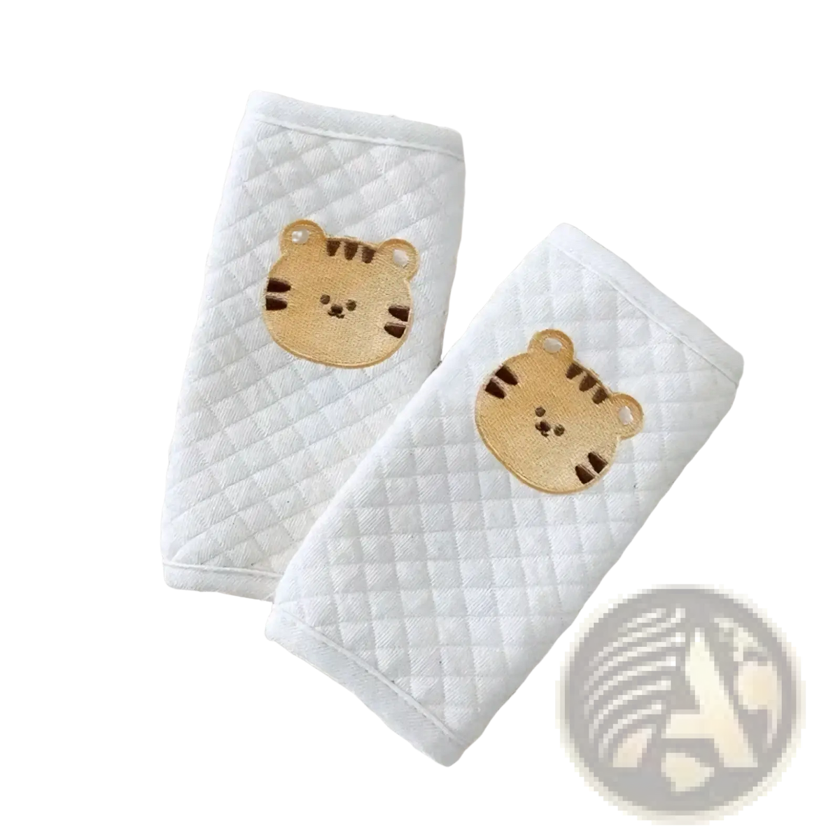 White quilted baby seat belt cover wristbands with embroidered tan tiger faces for shoulder padding