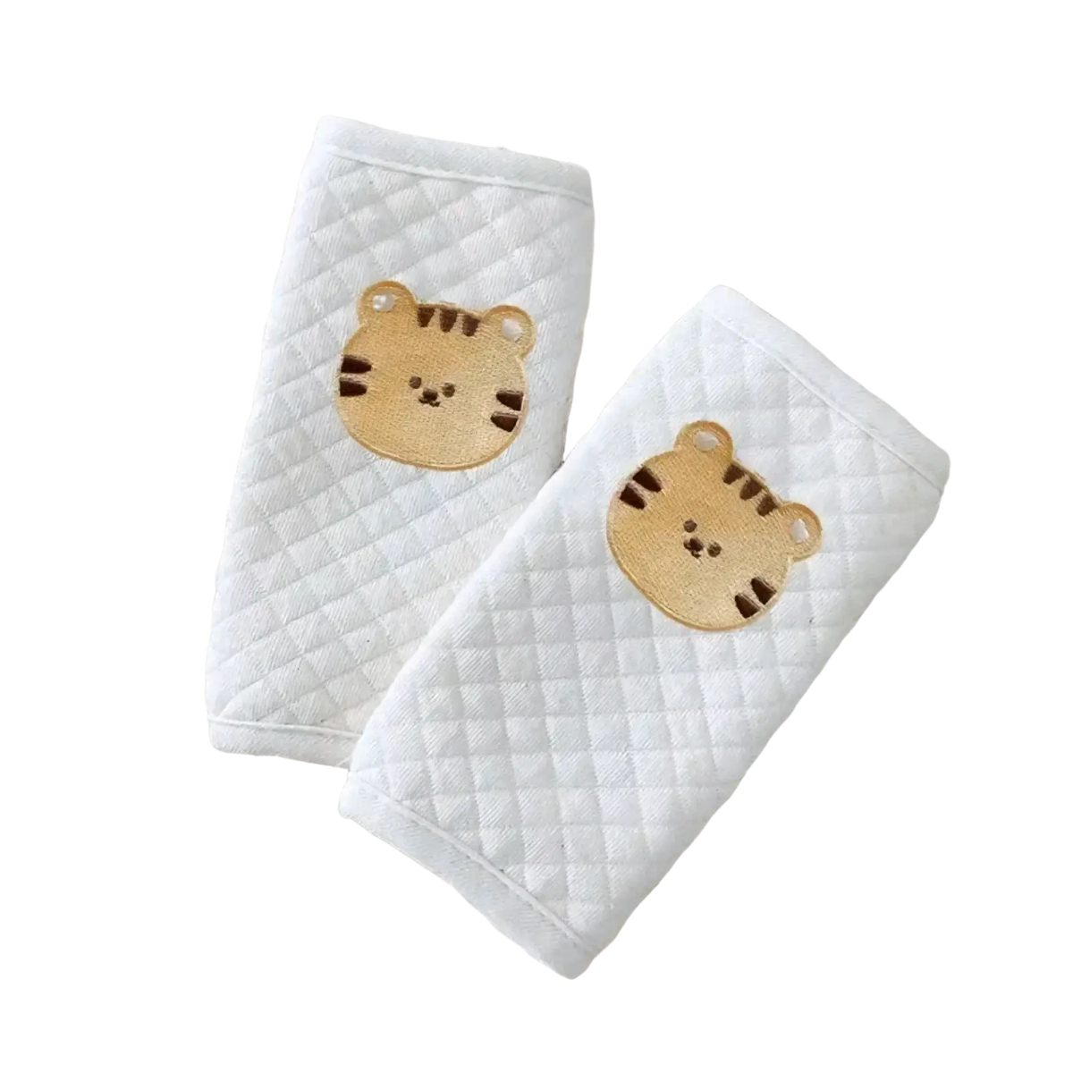 White quilted baby seat belt cover wristbands with embroidered tan tiger faces for shoulder padding