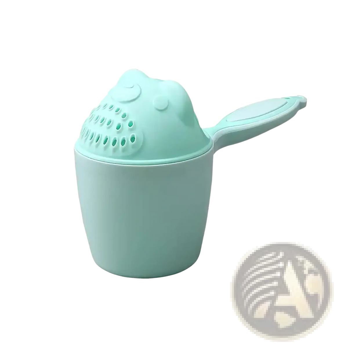 A mint green plastic baby shampoo rinse cup with a frog-shaped perforated lid and an integrated handle for bathing