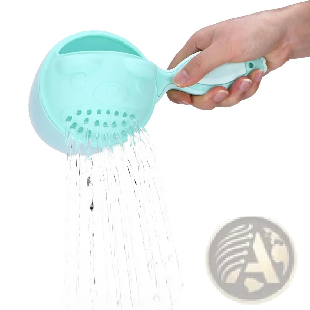 Light blue plastic baby shampoo rinse cup shower pitcher with handle and multiple small holes for water dispersion