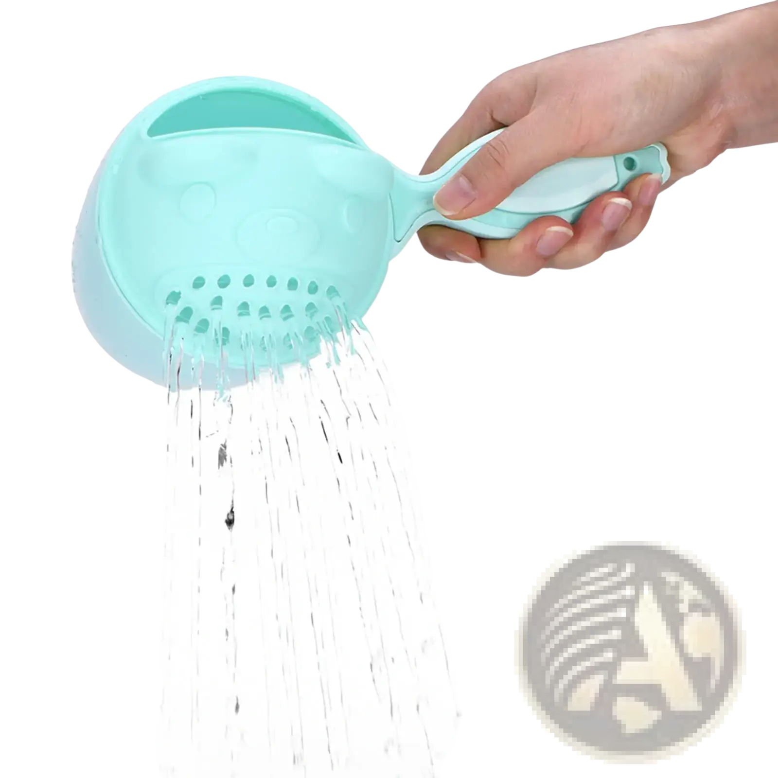 Light blue plastic baby shampoo rinse cup shower pitcher with handle and multiple small holes for water dispersion
