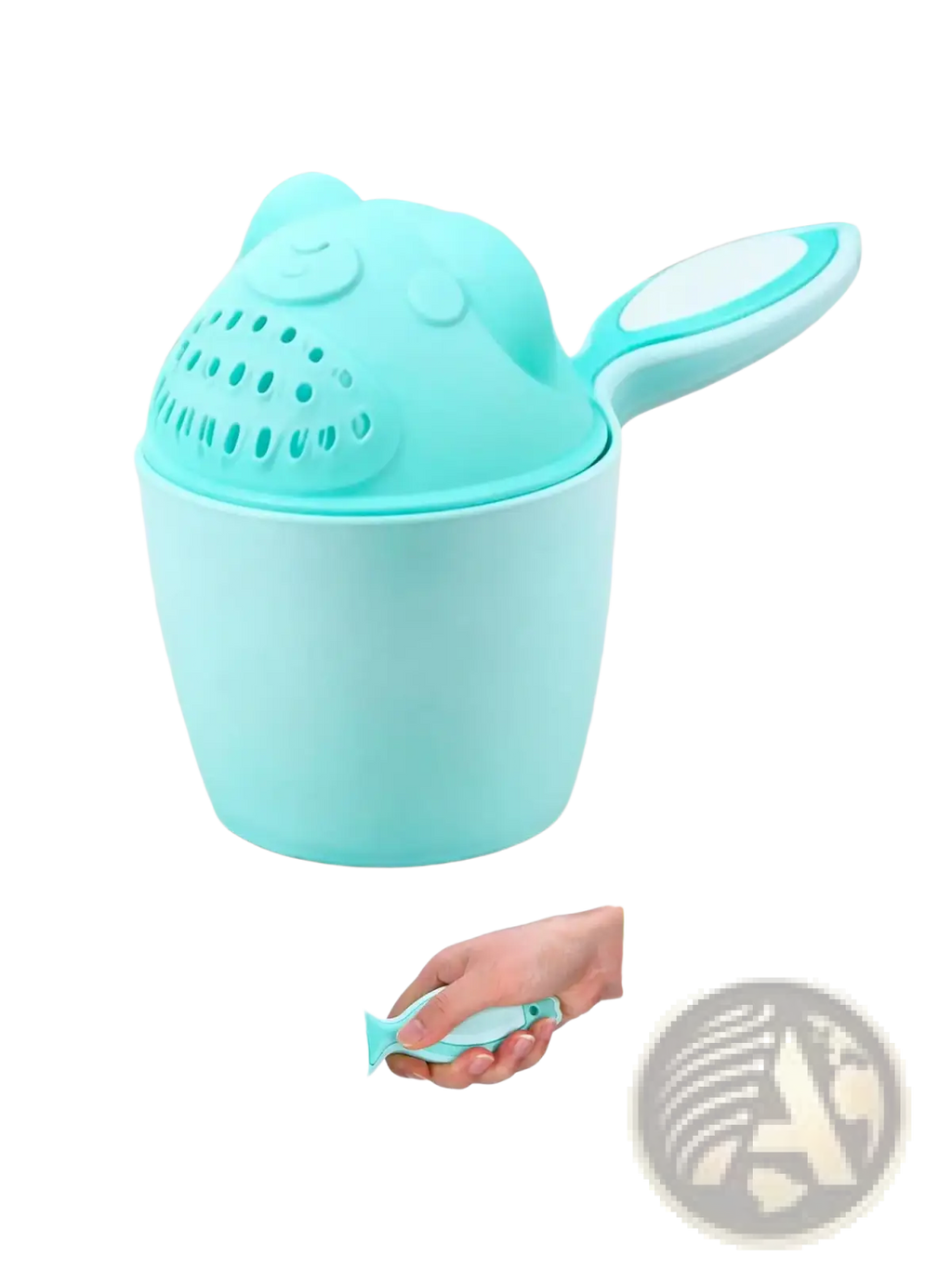 Light blue silicone baby shampoo rinse cup bath shower pitcher with bear-shaped lid and fish-handled spout