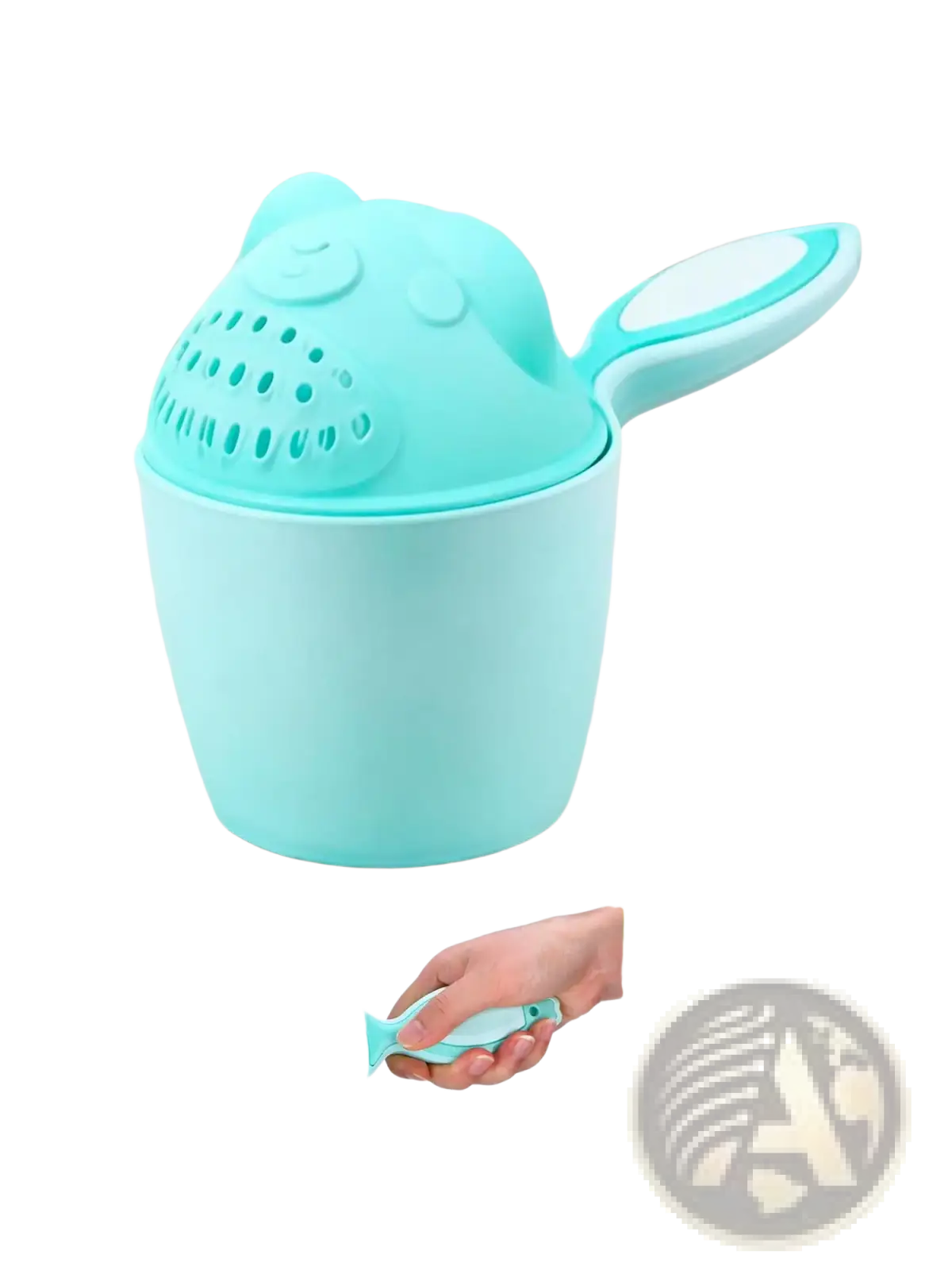 Light blue silicone baby shampoo rinse cup bath shower pitcher with bear-shaped lid and fish-handled spout