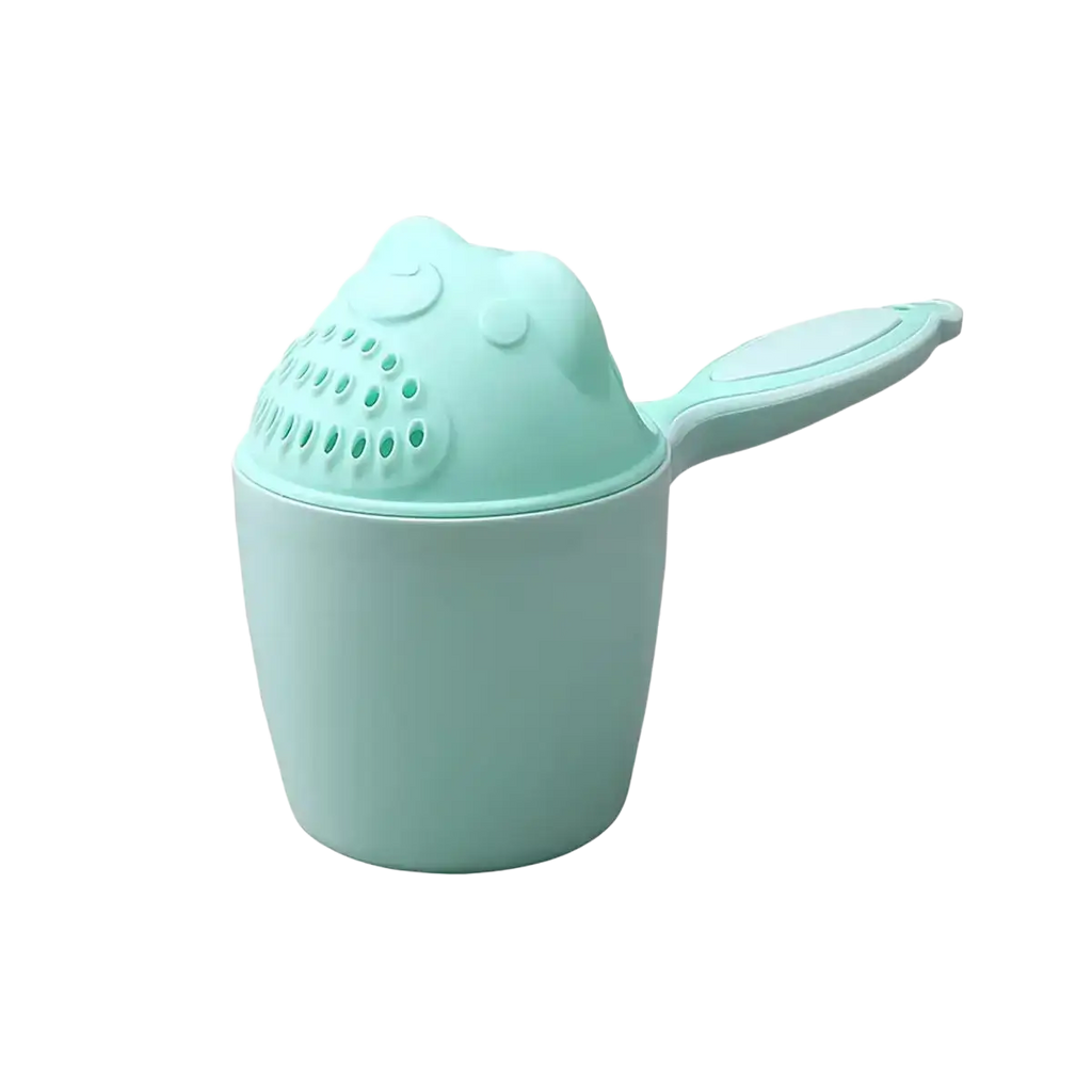 A mint green plastic baby shampoo rinse cup with a frog-shaped perforated lid and an integrated handle for bathing