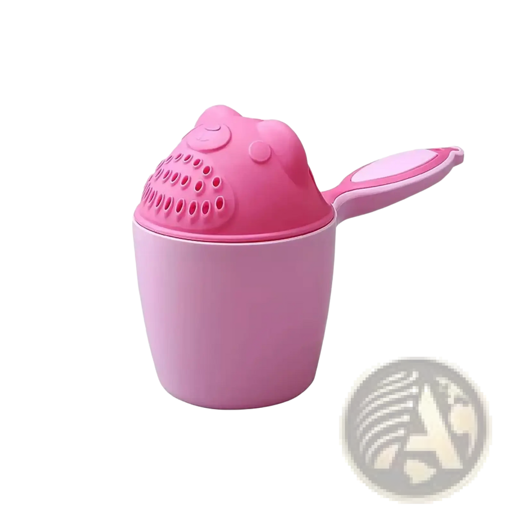 Pink plastic baby shampoo rinse cup with frog-shaped lid, circular drainage holes, and integrated handle for bathing