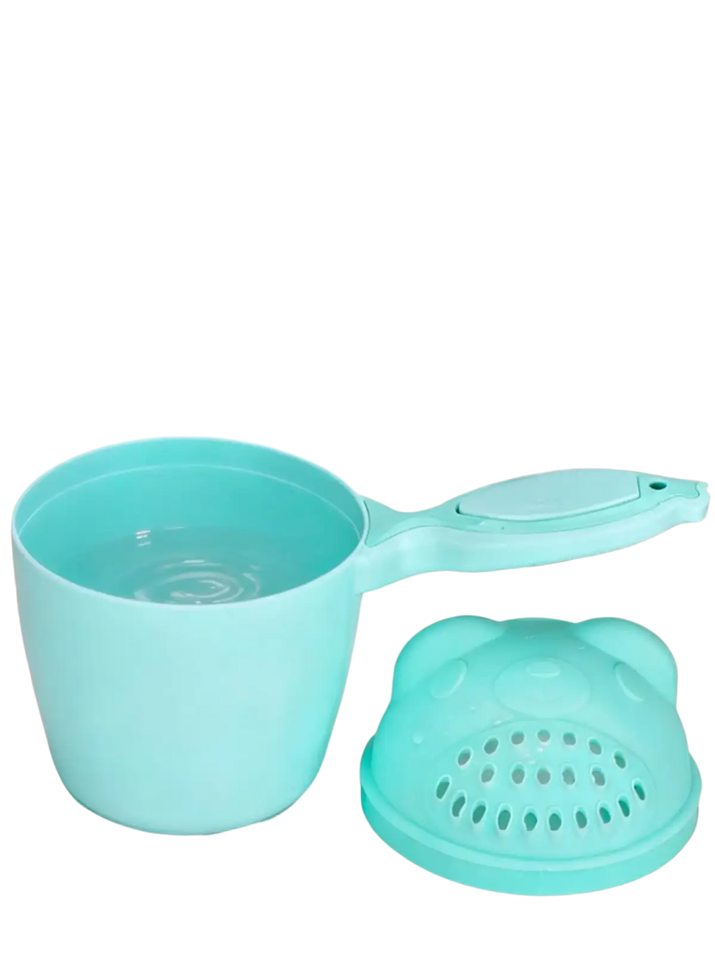Turquoise plastic baby shampoo rinse cup bath shower pitcher with detachable bear-shaped lid and drainage holes