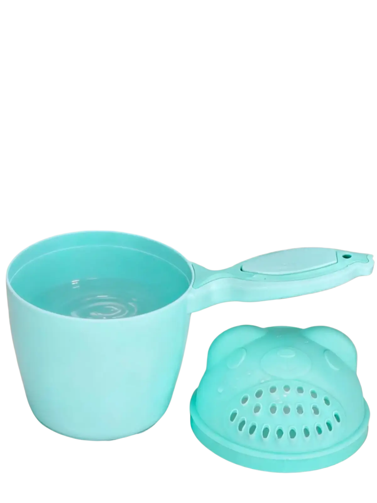 Turquoise plastic baby shampoo rinse cup bath shower pitcher with detachable bear-shaped lid and drainage holes