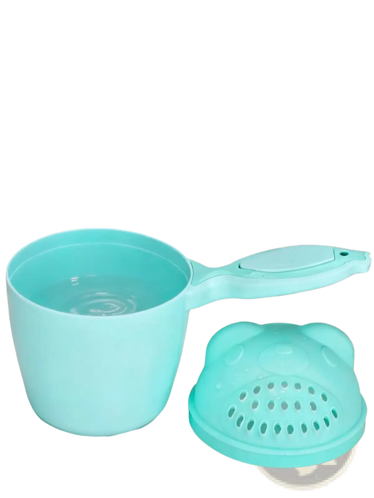 Turquoise plastic baby shampoo rinse cup bath shower pitcher with detachable bear-shaped lid and drainage holes