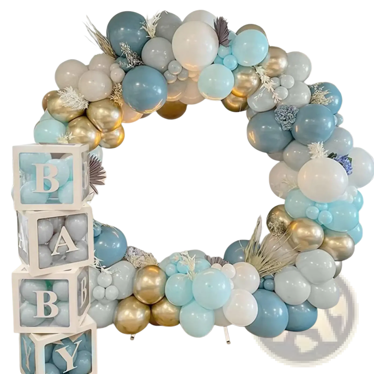 Baby shower balloon boxes 4 pcs transparent letter blocks with a decorative balloon arch in light blue white and gold with dried grass accents