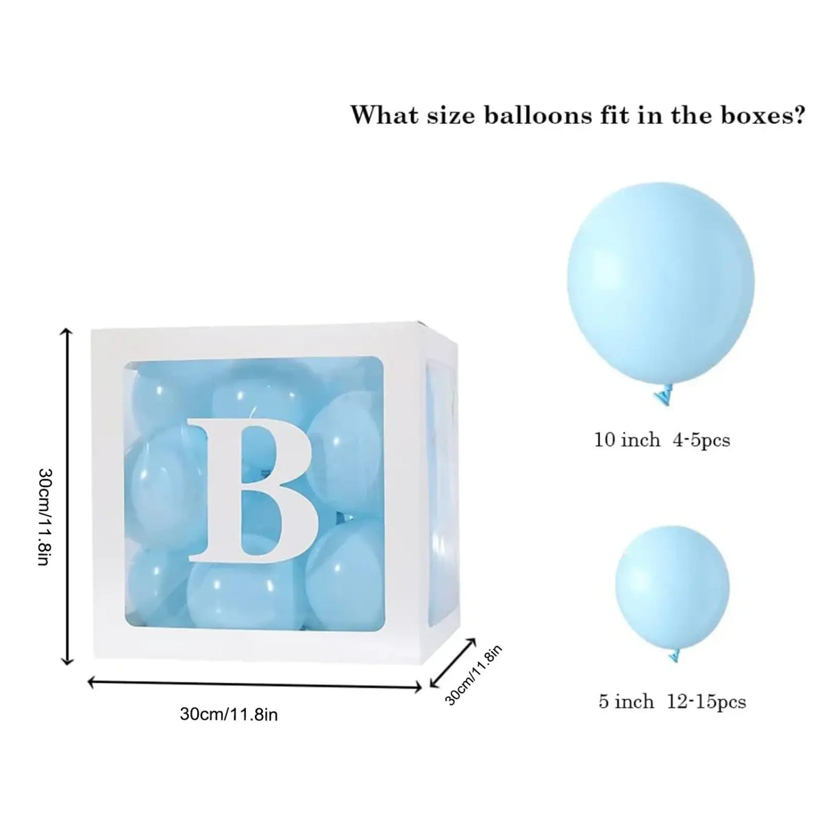 A white cube-shaped transparent balloon box with light blue balloons and a large letter b for baby shower decor