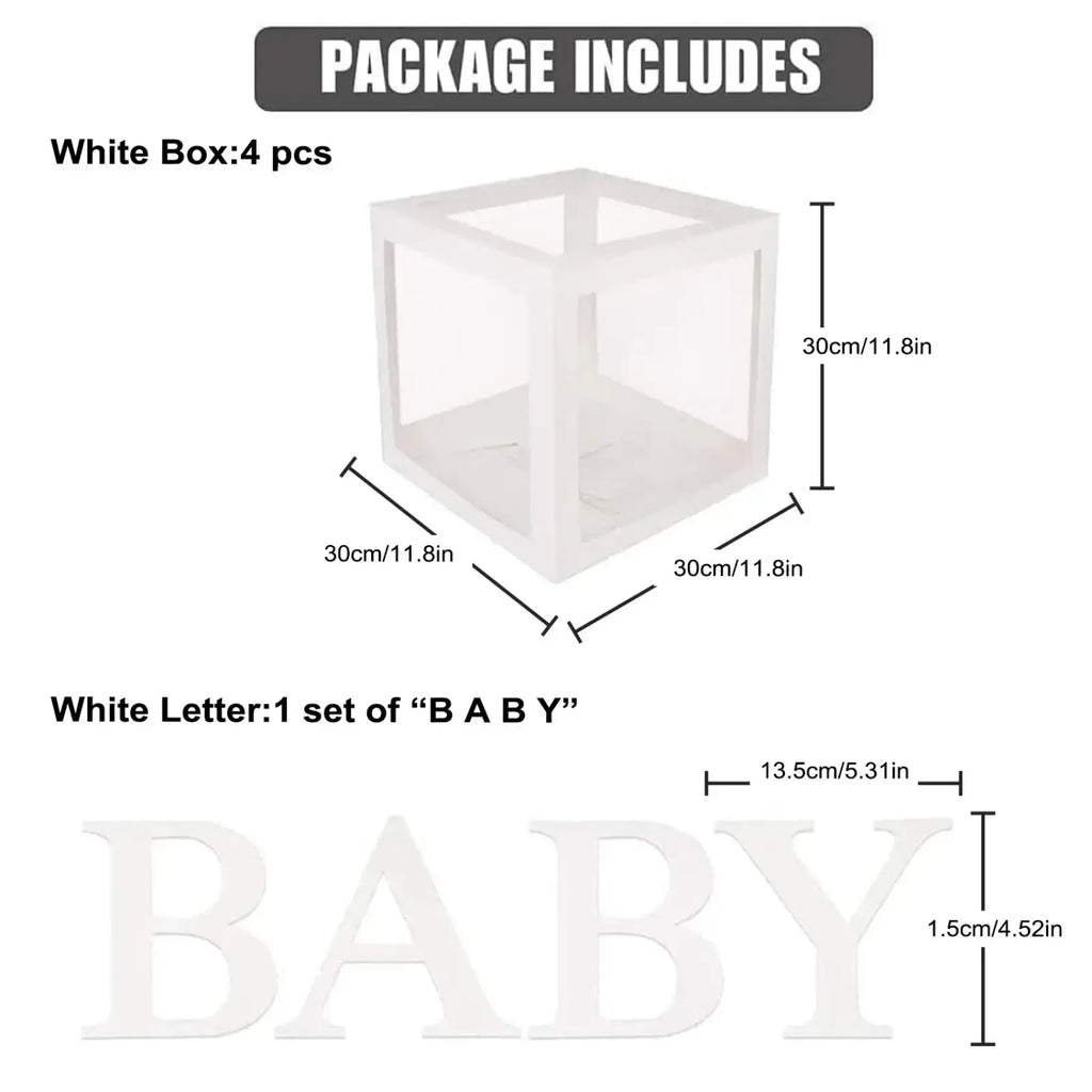 White cube-shaped baby shower balloon gift box with transparent sides and solid white frame in set of four