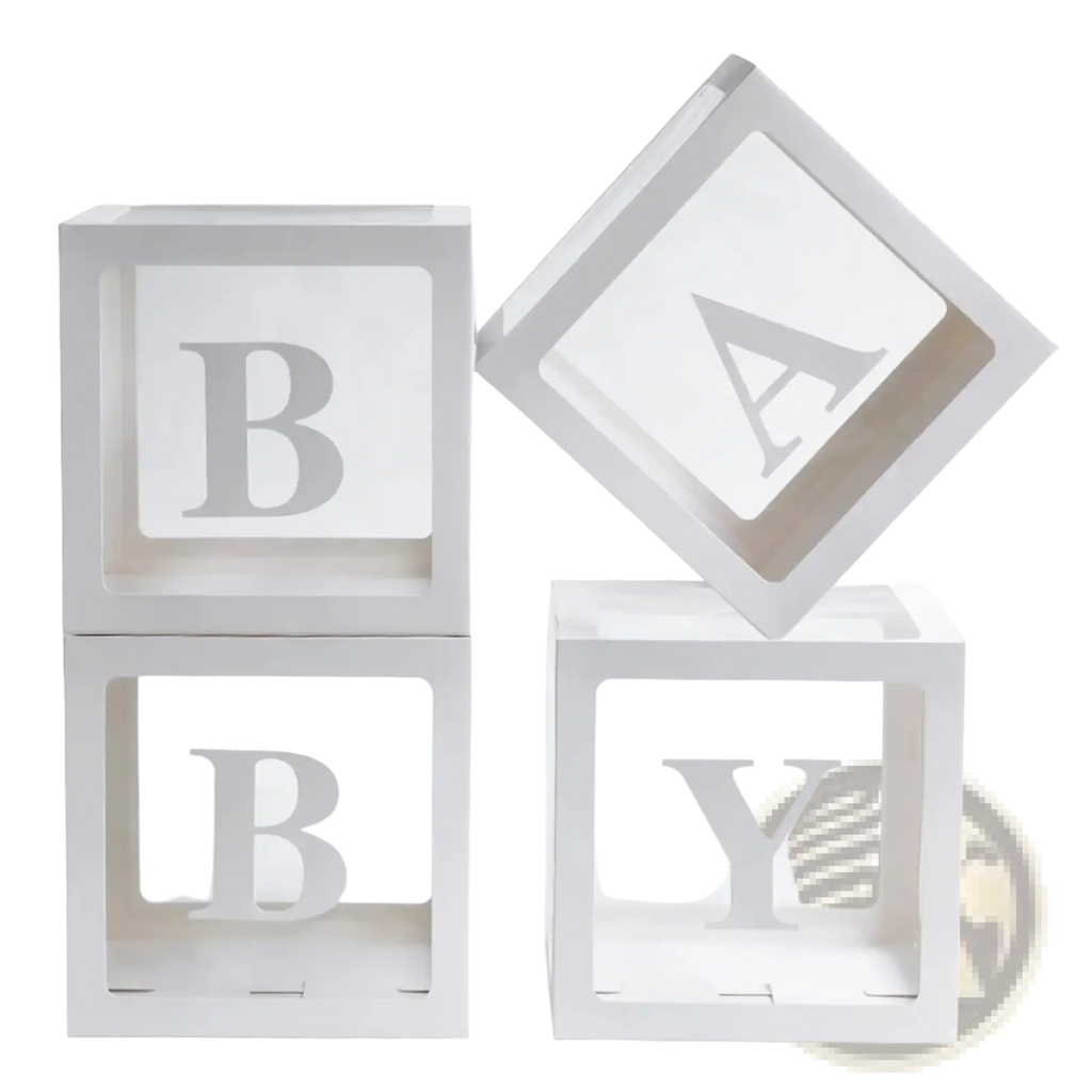 White baby shower balloon boxes with transparent letter blocks spelling baby in uppercase serif font