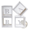 White baby shower balloon boxes with transparent letter blocks spelling baby in uppercase serif font