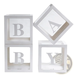 White baby shower balloon boxes with transparent letter blocks spelling baby in uppercase serif font