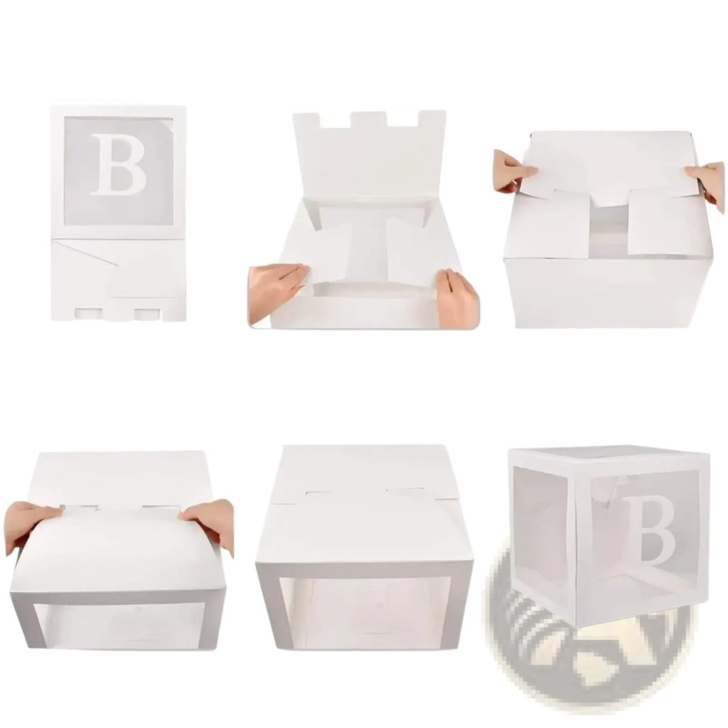 White cardboard baby shower balloon cube with clear front panel and letter b printed on transparent letter block