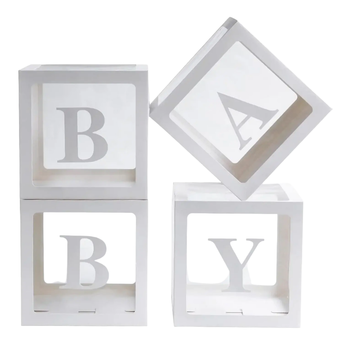 White baby shower balloon boxes with transparent letter blocks spelling baby in uppercase serif font
