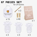 White cotton baby onesies set of three included in baby shower bodysuit and bib decorating game kit