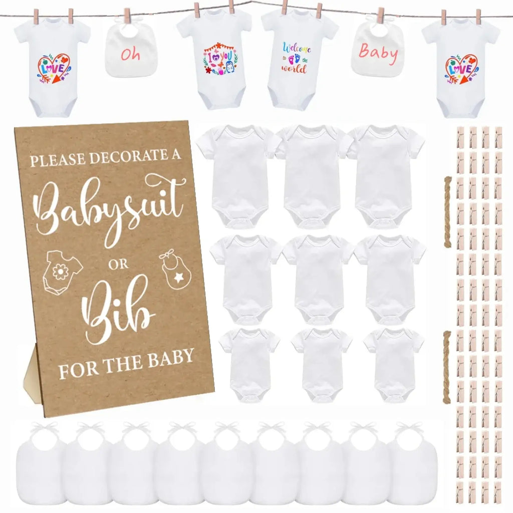 White baby bodysuits and bibs with colorful hearts and text designs hanging above plain onesies and bibs in a decorating kit