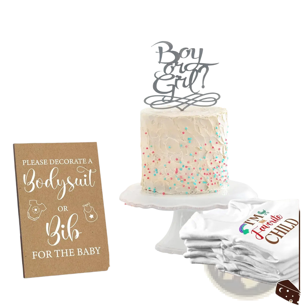 A silver metallic cake topper with boy or girl in cursive for baby shower bodysuit and bib decorating game kit