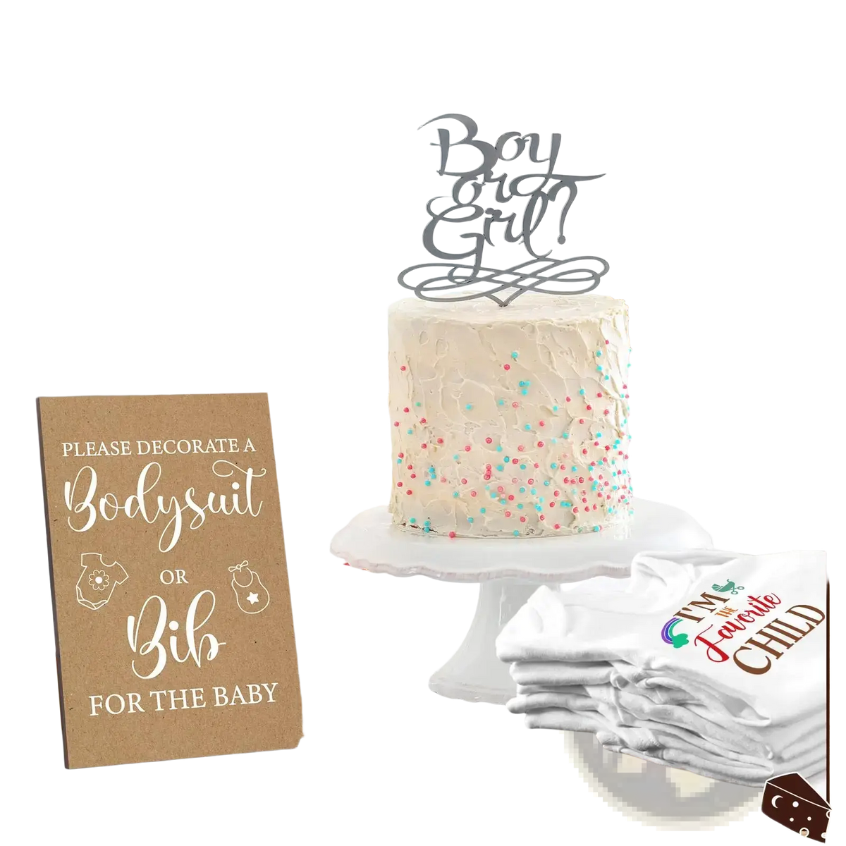 A silver metallic cake topper with boy or girl in cursive for baby shower bodysuit and bib decorating game kit