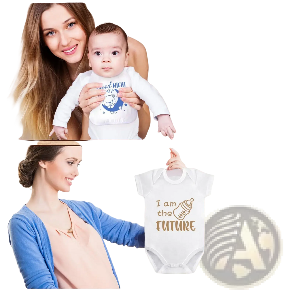 White baby bodysuit with gold foil i am the future print and stylized bottle graphic for baby shower decorating kit