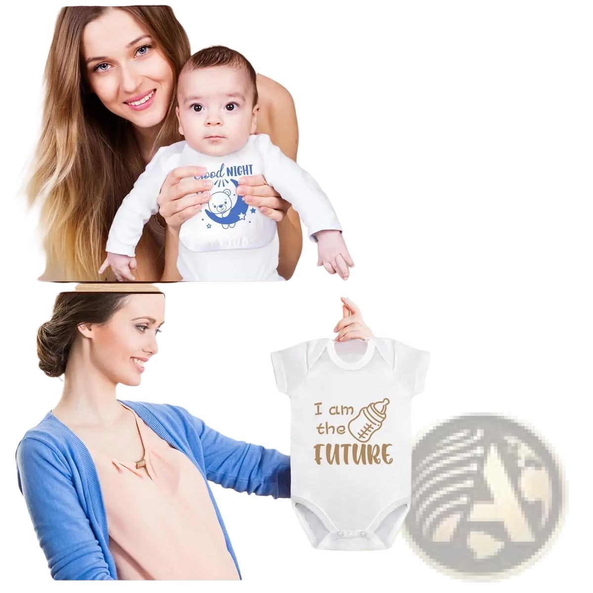 White baby bodysuit with gold foil i am the future print and stylized bottle graphic for baby shower decorating kit