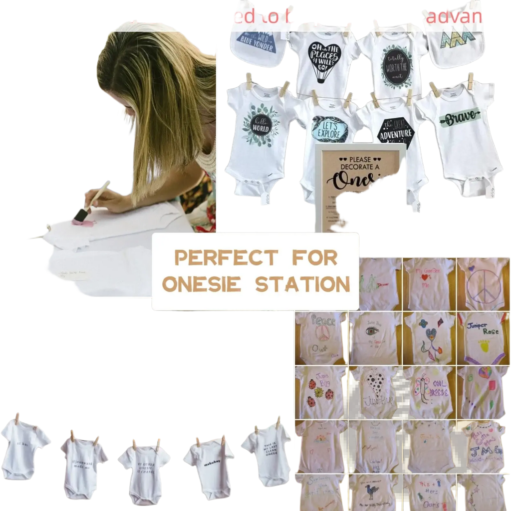 White cotton baby shower bodysuit with black printed design hanging on clothesline for bib decorating game kit