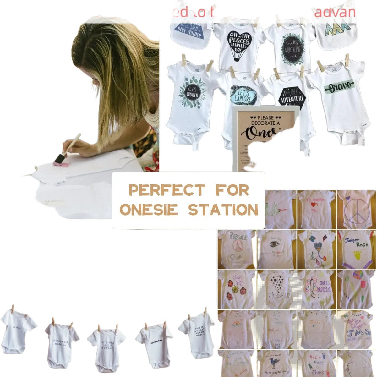 White cotton baby shower bodysuit with black printed design hanging on clothesline for bib decorating game kit