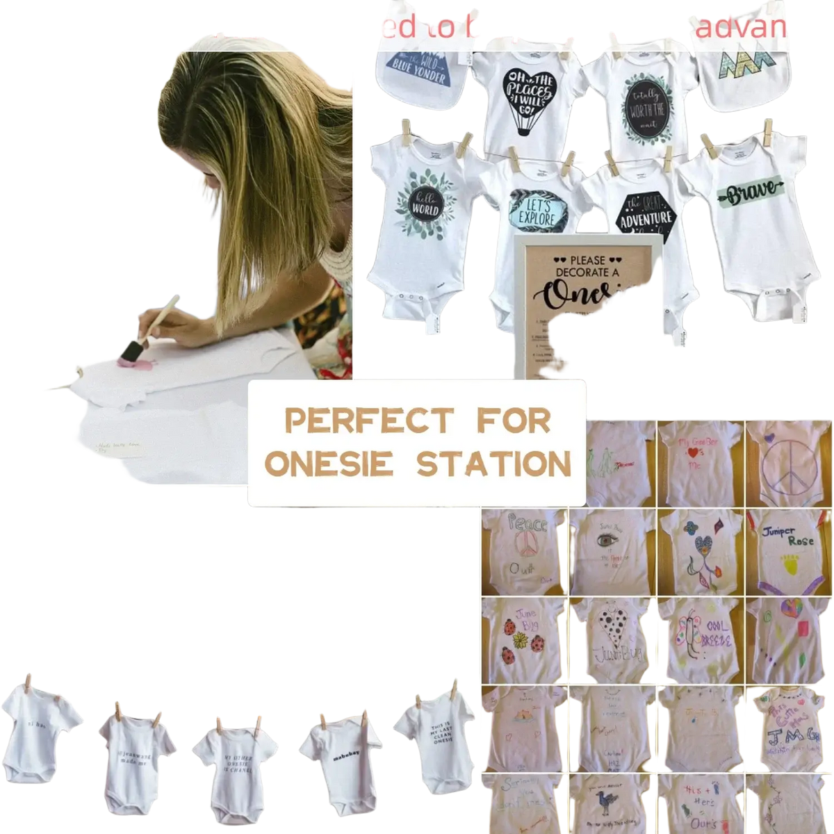 White cotton baby shower bodysuit with black printed design hanging on clothesline for bib decorating game kit