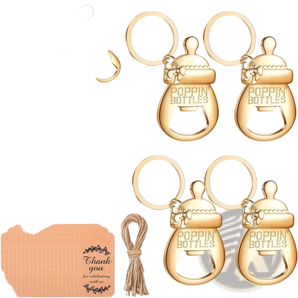 Gold-colored metal baby shower bottle opener favors shaped like baby bottles with poppin bottles engraving on front