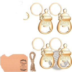 Gold-colored metal baby shower bottle opener favors shaped like baby bottles with poppin bottles engraving on front