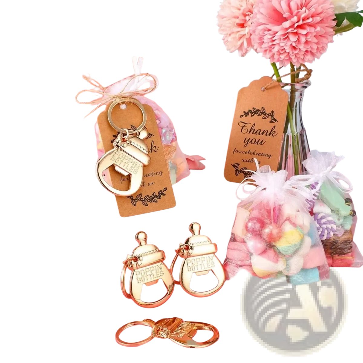 Gold-colored baby bottle-shaped metal bottle opener keychain engraved with poppin bottles for baby shower favors