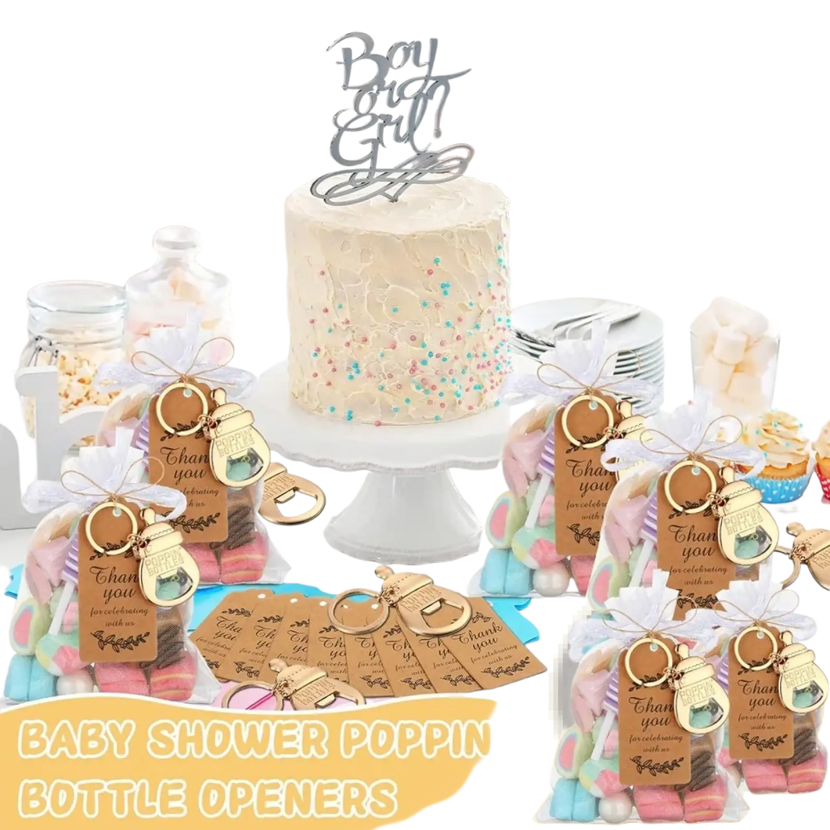 Gold-colored baby shower bottle opener favors set shaped like a baby bottle with clear glass-like body and metallic finish