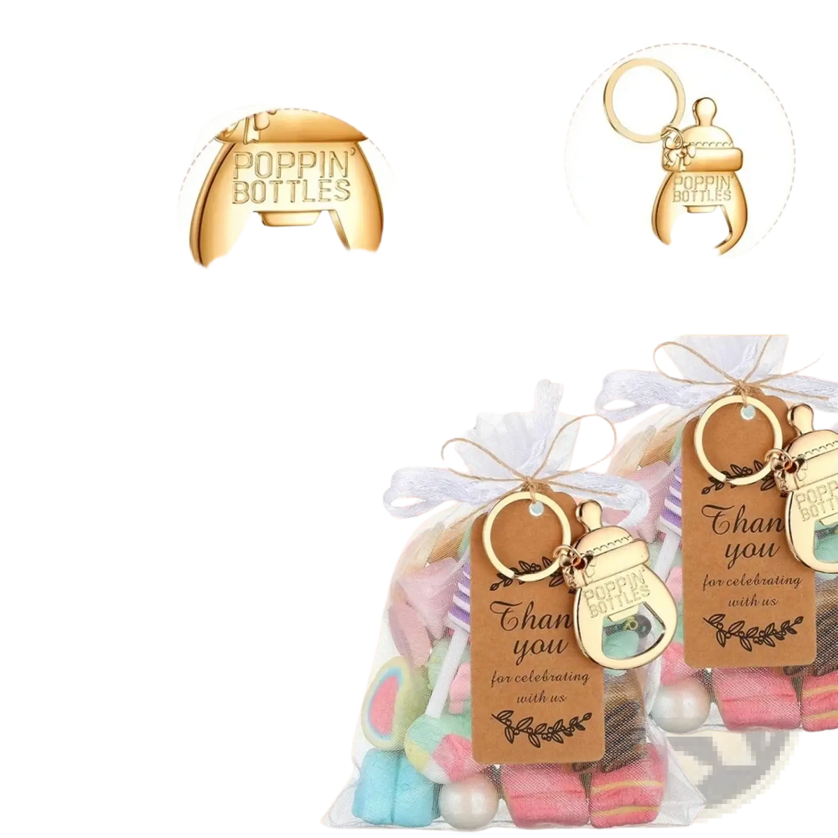 Gold-colored stainless steel baby shower bottle opener shaped like a baby bottle with angel pattern design