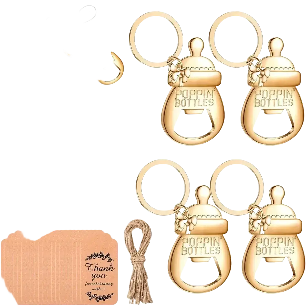 Gold-colored baby shower bottle opener favors shaped like baby bottles with poppin bottles engraving and bow detail