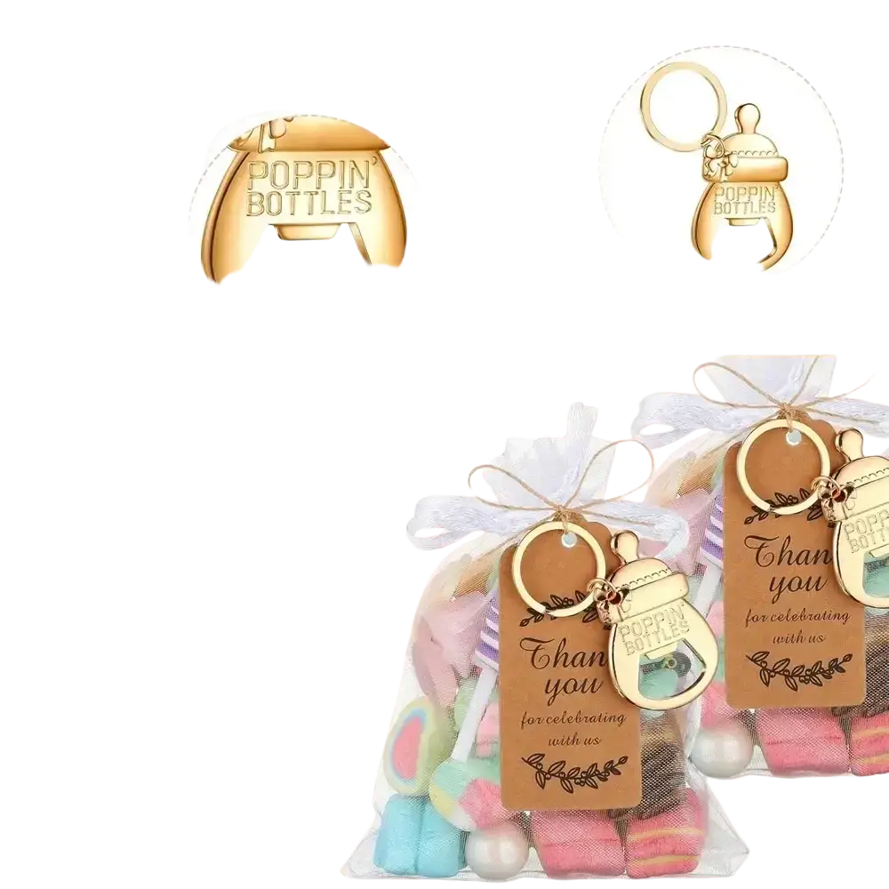 Gold-colored baby bottle-shaped metal bottle opener with poppin bottles branding ideal for baby shower bottle opener favors