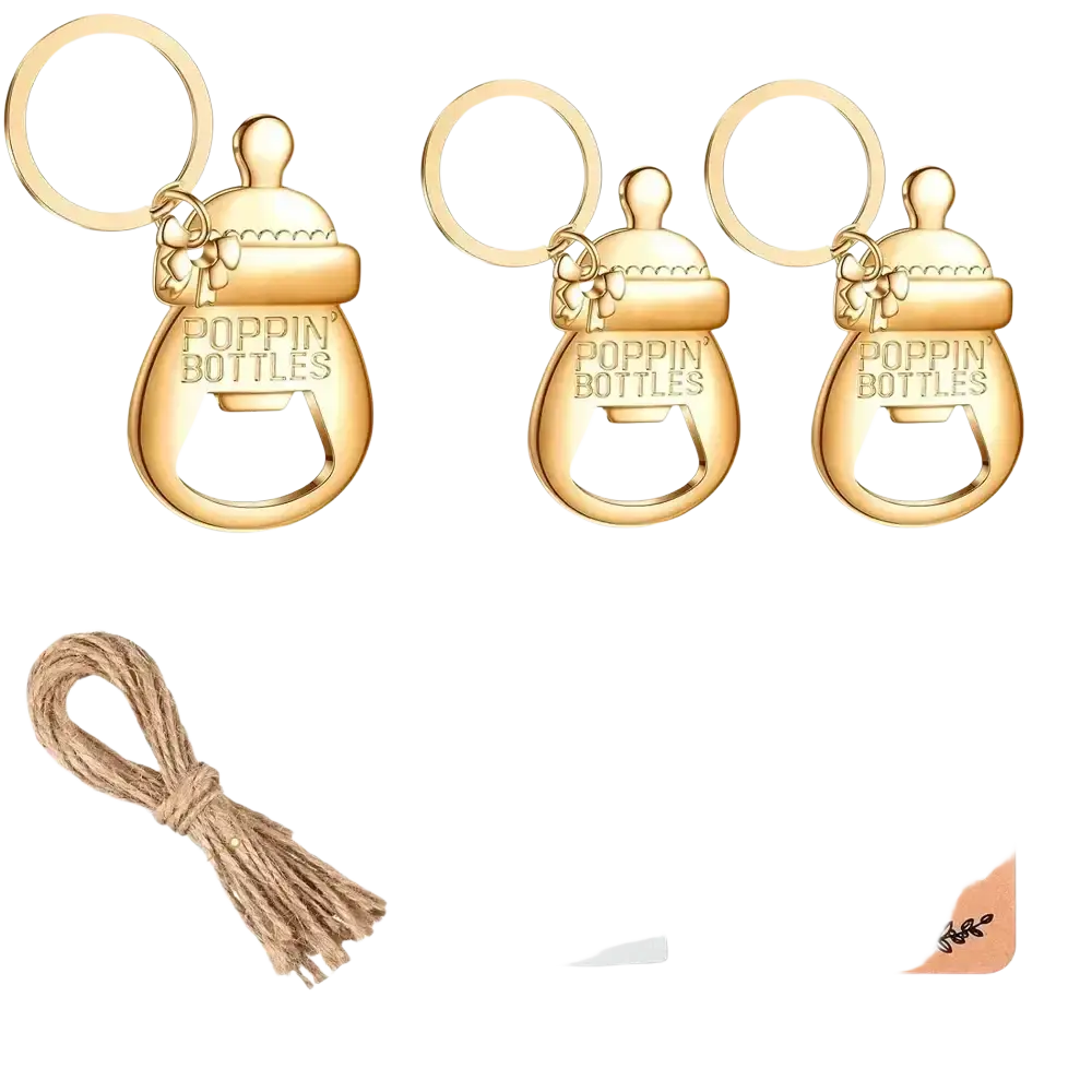 Gold baby shower bottle opener favors shaped like baby bottles with poppin bottles engraving and bow detail